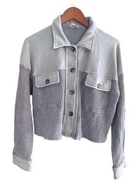 Women’s Soft Mixed Media Blue Waffle Knit Shirtp Jacket | Button Front | Blue |